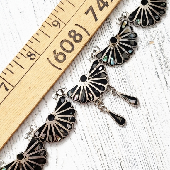 Mexico Sterling Black Onyx, MOP, Abalone Necklace. - Picture 12 of 16